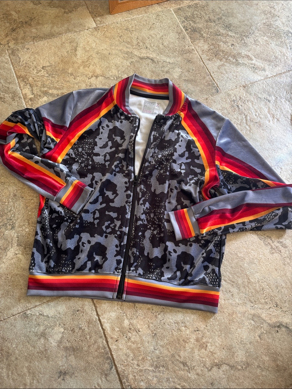 Lucky in Love Gray Camo jacket Bomber Multicolor Stripe rainbow velour size XS